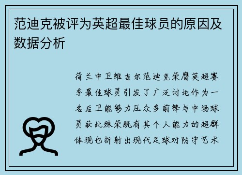范迪克被评为英超最佳球员的原因及数据分析