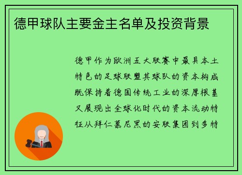 德甲球队主要金主名单及投资背景